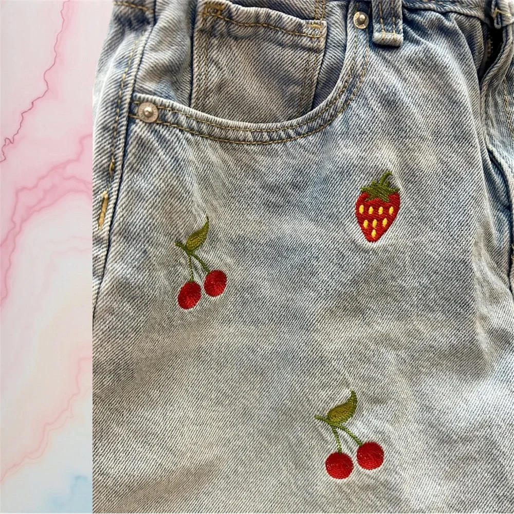 Old Navy Kids Denim Shorts with Cherry and Strawberry Embroidery - Picture 2 of 2